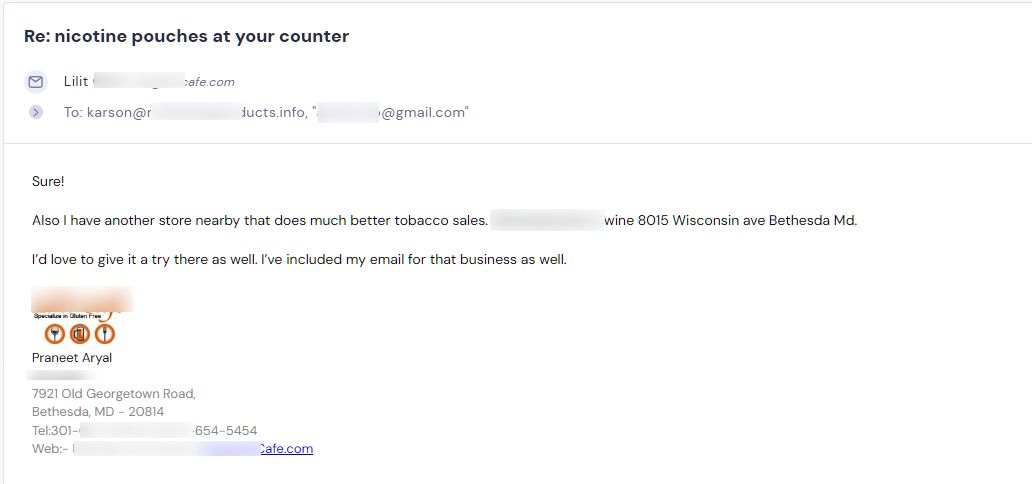 Retailer reply from Sesh Products